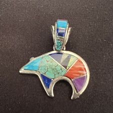 Navajo Calvin Begay TSF Signed Sterling Multi Stone Inlay Bear Pendant picture