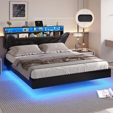 Queen Floating Bed Frame with Storage Headboard &LED Lights, Modern Platform Bed picture