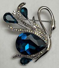Swan Goose Bird Crystal Clear Glass Rhinestone Brooch Pin Vintage Aqua Blue AB picture