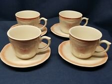Vintage Vitramik by Oxford Brazil 4 Sets Cups/Saucers Pink Embossed Edge/Flowers picture