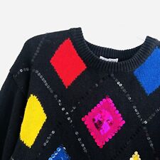 HABERDASHERY Vintage Petite Black Geometric Diamond & Sequin Sweater ~ Small picture