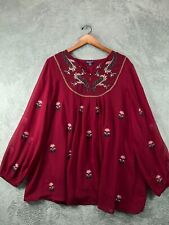 Womens Tops 20W Roamans Red Sheer Embroidered Beaded Balloon Long Sleeve picture