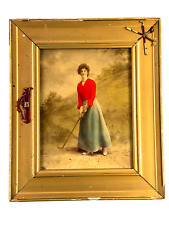 1890's Antique Victorian Female Woman Golfer Hand Painted Photo in Frame WOW picture