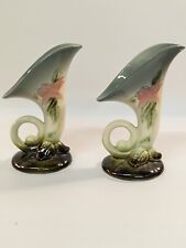 Pair of Vintage Hull Pottery Cornucopia Vases Pink Green Flowers W2 1950'S picture