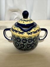 Boleslawiec Polish Pottery Sugar Bowl With Lid Blue/Yellow 3.5” picture