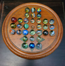 Nice Antique Victorian Late 19th / Early 20th C Solitaire Board w/ 32 Marbles picture