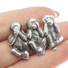 BEAU 925 Sterling Silver Antique Art Deco Three Wise Monkeys Pin Brooch picture