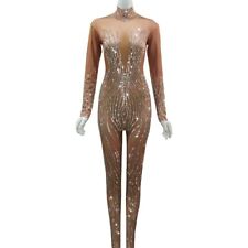 Silver rhinestone nude color jumpsuit for feminine performance tight dance suit  picture