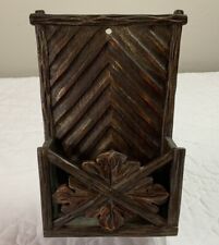 Vintage Primitive Wood Wall Box, Carvings, Leaves, Dark Brown picture