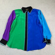 Y2K Bob Mackie Wearable Art Women L Blue Silk Button Up Long Sleeve Shirt picture
