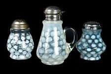 Vintage White / Blue Opalescent COIN SPOT Cheese Shakers & Syrup Depression Era picture
