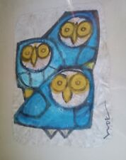 Vintage MCM Mid Century Modern painting OWLS beautiful blue 1950s, 60s, 70s  picture