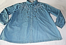 Passion-I Denim Shirt 2X Button Long Sleeve 90s Vintage Embroidered Floral Blue picture