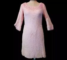 VTG 60s Hong Kong Beaded Pink Ribbon, Bell Sleeves Wiggle COCKTAIL DRESS Sz S picture