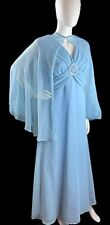 Vintage 1970s Long Maxi Chiffon Grecian Evening Gown Dress Blue Cape Rhinestones picture