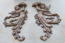 Pair Vintage Cast Iron Angel Figurines Sconces Plaques picture