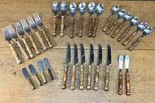 Vintage Wood Handled Stainless Taiwan Flatware 30 Piece Log Cabin Cottage Core picture