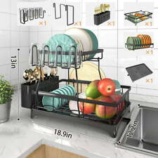 2-Tier Drying Dish Rack and Drain Board Set Utensil Holder Metal Kitchen Counter picture