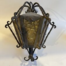 Antique Spanish Gothic Wrought Iron Yellow Glass Hanging Lantern Lamp picture
