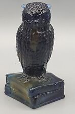 VTG Degenhart Glass Cobalt Blue Slag Wise Owl On Books Figurine Paperweight picture