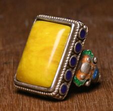 3CM Antique Old Chinese Cloisonne Silver Inlay Gems Flower Jewelry Figure Ring picture