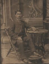 Antique Tintype Photo Young Man Seated in Photographer Artist Studio Photograph picture