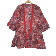 Maurices Womens Plus Size 1X Kimono Open Front Red Paisley 3/4 Sleeve Lace Trim picture