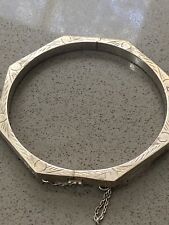 Vintage Art Deco Sterling G 8  sided Hinged Bangle Bracelet Etched Safety Chain picture
