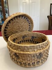 Vintage Sweet Grass Hand Woven Round Basket With Lid Multicolor 10” picture