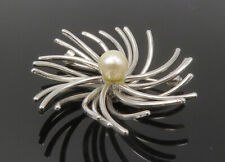 BEAU 925 Silver - Vintage Shiny Modernist Pearl Flower Motif Brooch Pin - BP5474 picture