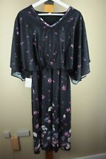 Vintage Women's Black  Violet Floral Leaf 70's Polyester Blousy Dress Size 15/16 picture