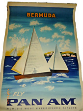 Original PAN AM Vintage Poster RAREST Sailboats Clippers BERMUDA 28x42