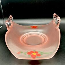 Pink Satin Depression Glass Painted Flower Lancaster Octagon Nappy Dish Handles. picture
