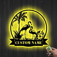 Personalized Couple Flamingo Metal Wall Art LED Lights, Pink Flamingo Name Sign picture