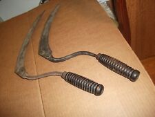 TWO Vintage Antique Hand Scythe Primitive Farm Sickle Cutter Barn Tool Knife picture