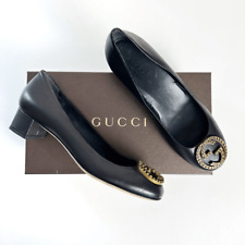 GUCCI Charlotte Black Mid Heel Loafer 37.5 US 7.5 GG Logo Studded Marmont Ballet picture