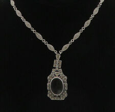 925 Silver - Vintage Inlaid Black Onyx & Floral Marcasite Necklace - NE3806 picture