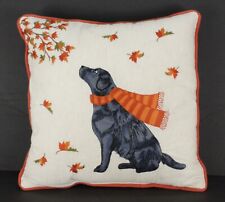 Pier 1 Imports Throw Pillow Embroidered Black Dog Scarf Fall Leaves 14 x 14 in picture