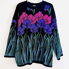 Gorgeous Vintage 90s Pink Purple & Blue Metallic Floral Knit Sweater ~Size 2X 3X picture