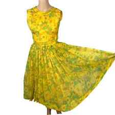 Vtg 50s Golden Yellow Floral Bow Tea Party Cocktail Day Dress Womens XS picture
