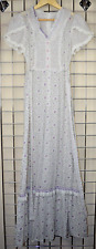 Maxi Dress VTG 50s 60s Sheer White Lilacs Ruffles Lace Lightweight Flowy Sz S/M picture