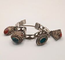 Antique Etruscan 800 Silver Charm Bracelet ~ Italy ~ 4 Jewel Charms ~  picture