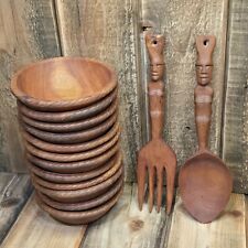 VINTAGE PRIMITIVE HAND CARVED WOOD BOWL & MATCHING FORK & SPOON WALL DECOR SET picture