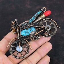 Tibetan Turquoise Copper Gift For Friend Wire Wrapped Vintage Bike Pendant 2.64