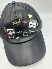 NWT Karl Lagerfeld Paris Hat Black Faux Leather Multiple Signature Embellishment picture