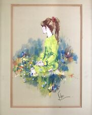 Beautiful Bright Colorful Mary Vickers Painting Of Young Girl-Flowers Signed picture