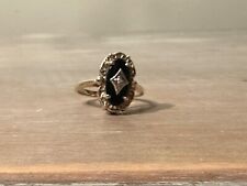 Vintage Art Deco 10k Gold Onyx Diamond Filigree Navette Ring Sz 7 picture