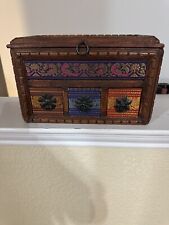 Antique Wooden Boho Indian Box With Drawers Wood And Iron Rare picture