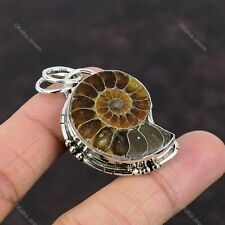 Natural Ammonite Fossil Gemstone Pendant Vintage 925 Sterling Silver Jewelry picture