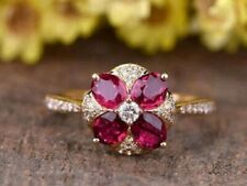 2.20 Ct Oval Lab-Created Red Ruby Women's Flower Ring 14K Yellow Gold Plated picture
